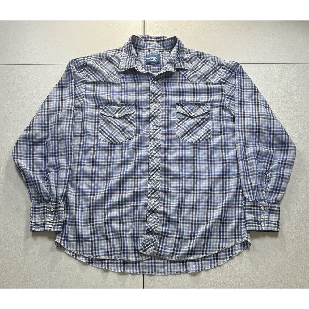 Vintage Wrangler Brushpopper Plaid Shirt Mens L Blue Western Cowboy Pearl Snap‎